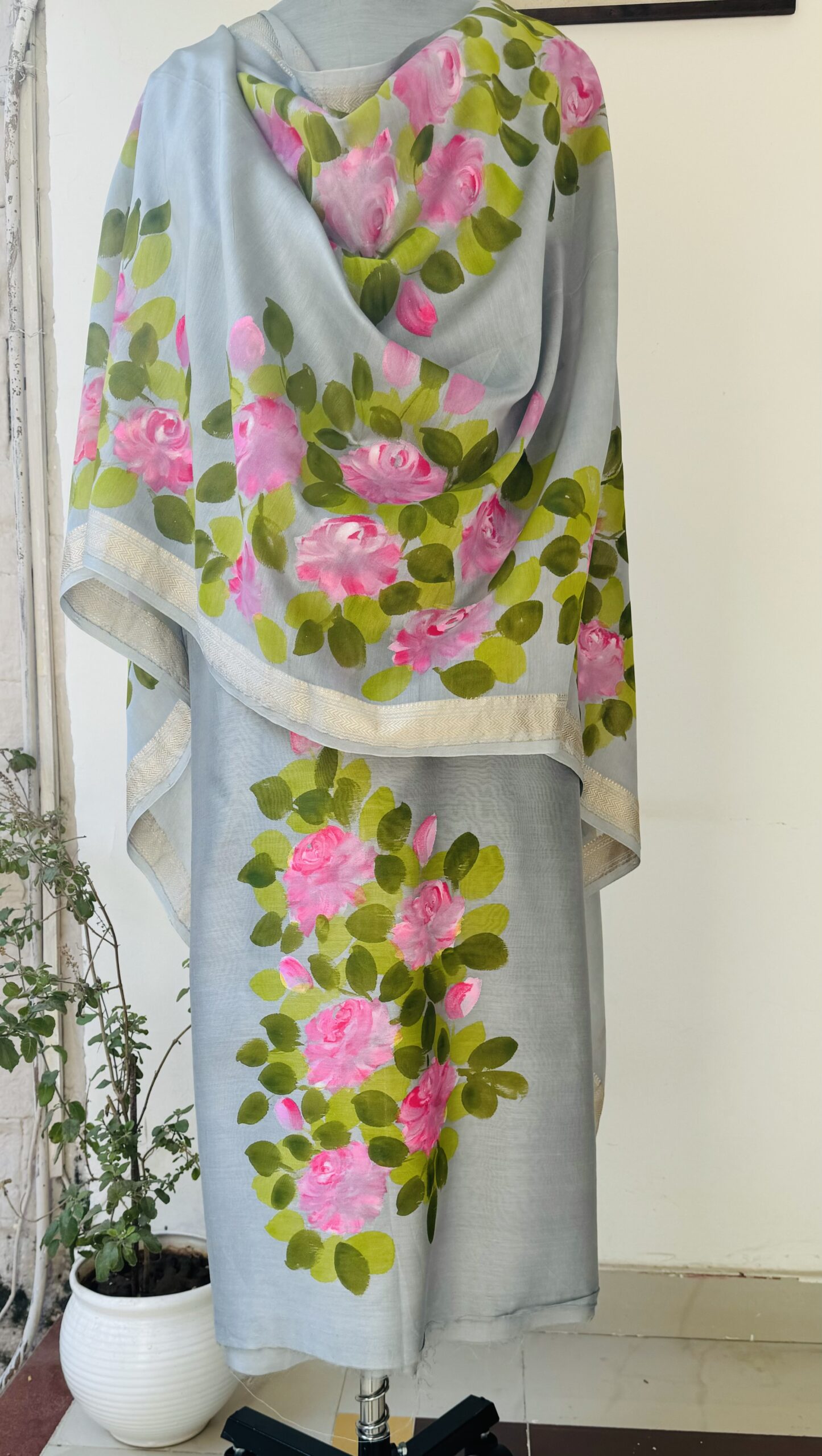 Grey Pure Maheshwari Silk Suit with Hand painted Roses