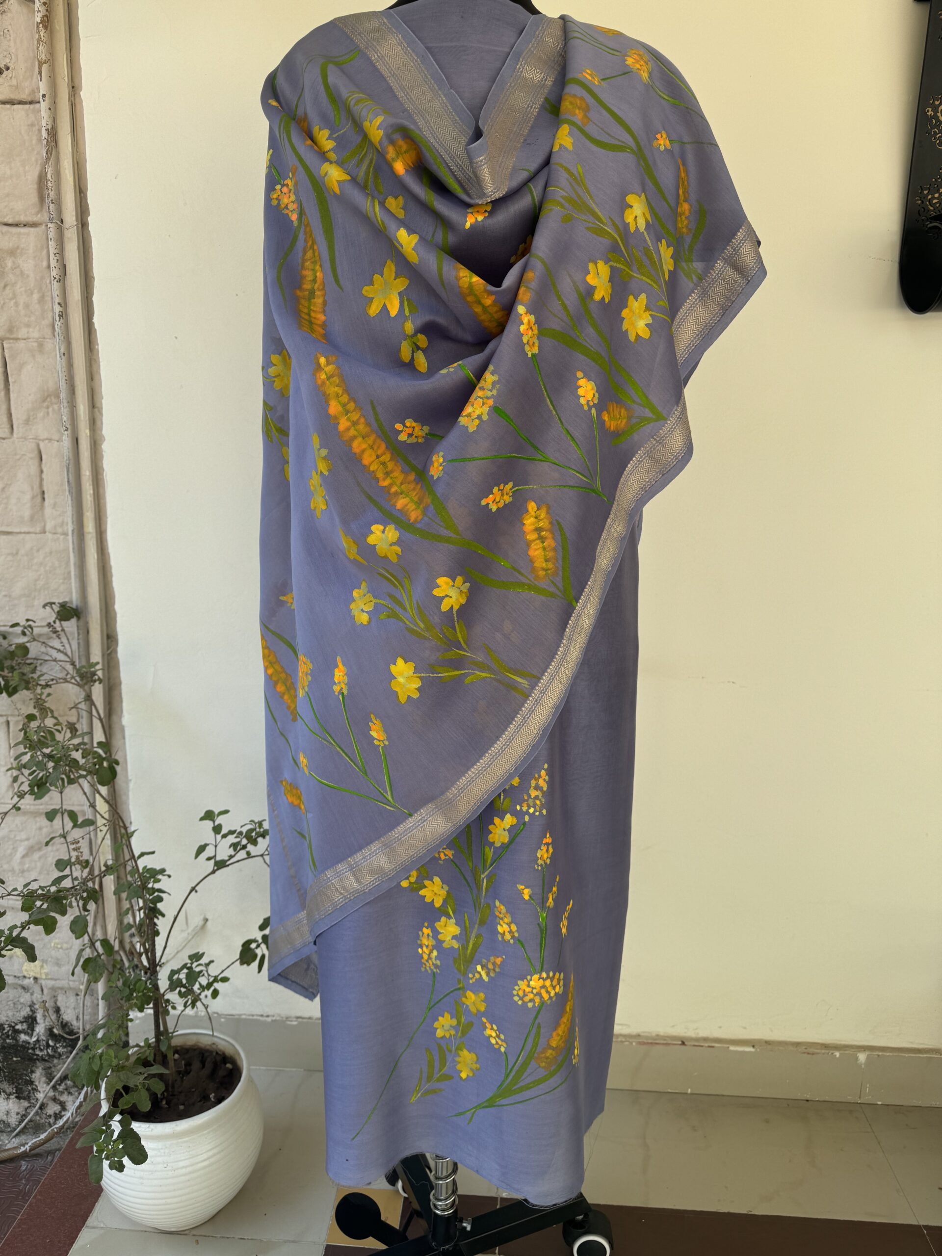 Greyish-Lavender Maheshwari Silk Suit with Hand painted Florals