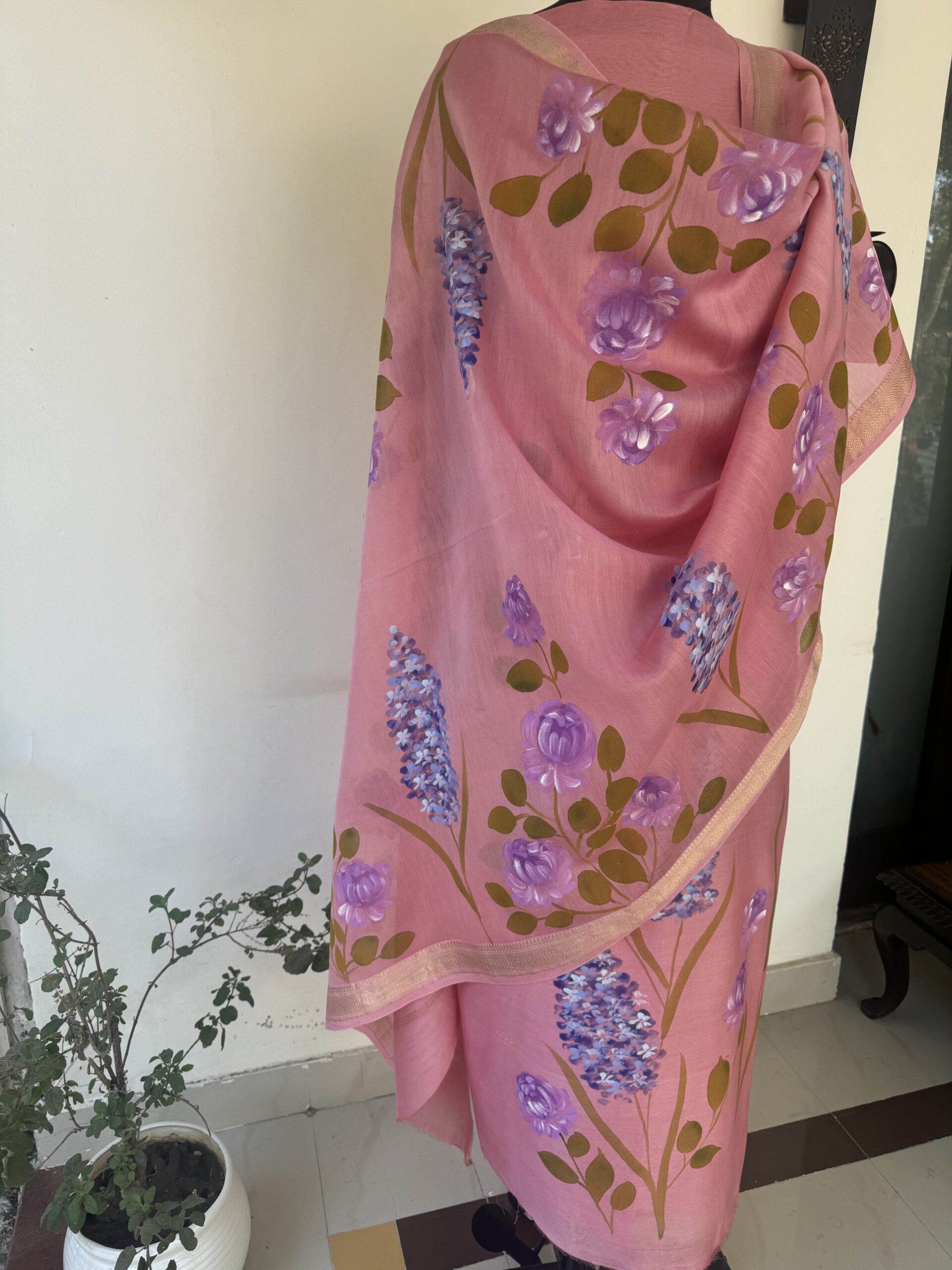 Pink Pure Maheshwari Silk Suit with Hand painted Florals