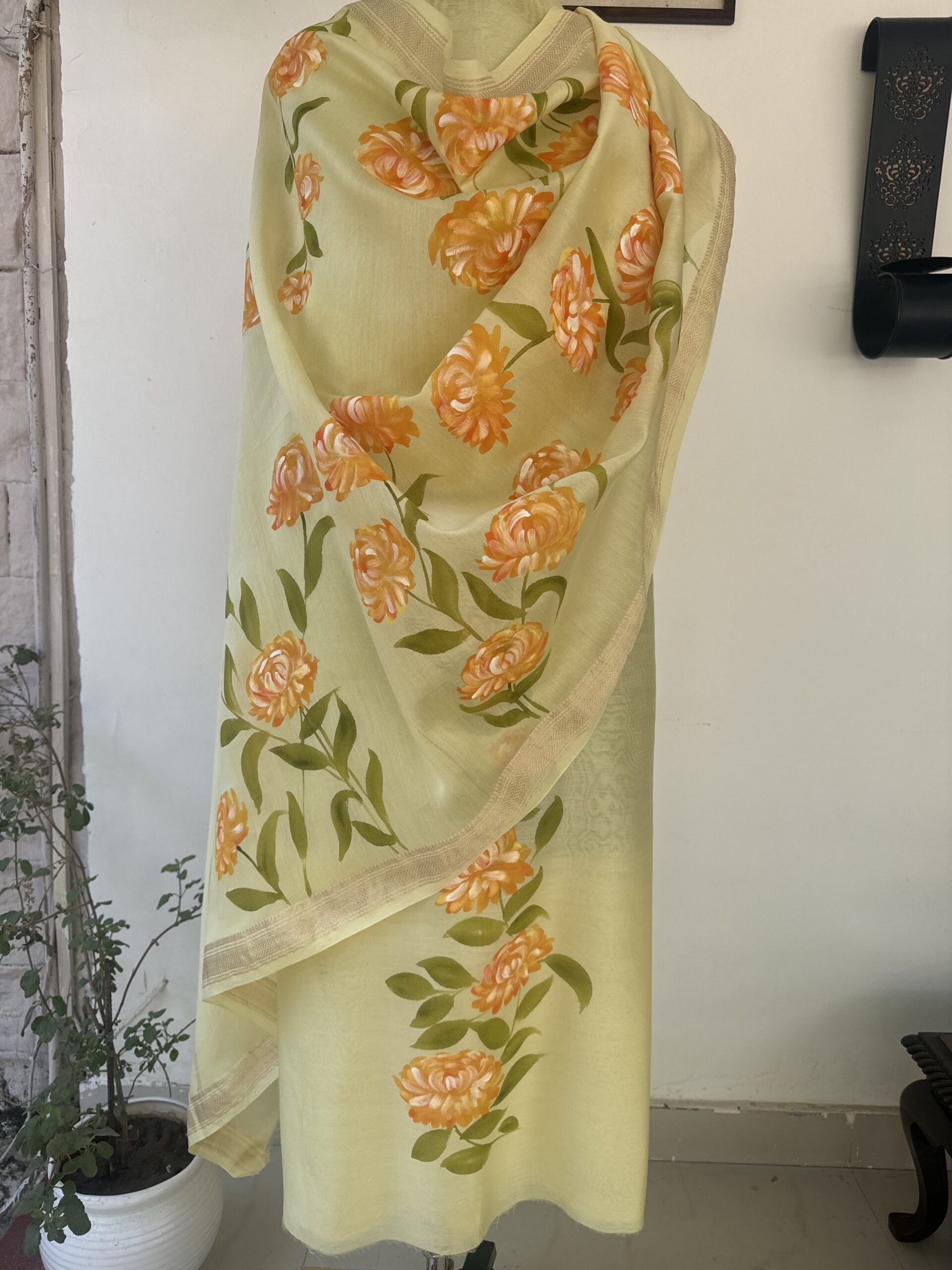 Yellow Pure Maheshwari Silk Suit with Hand painted Florals