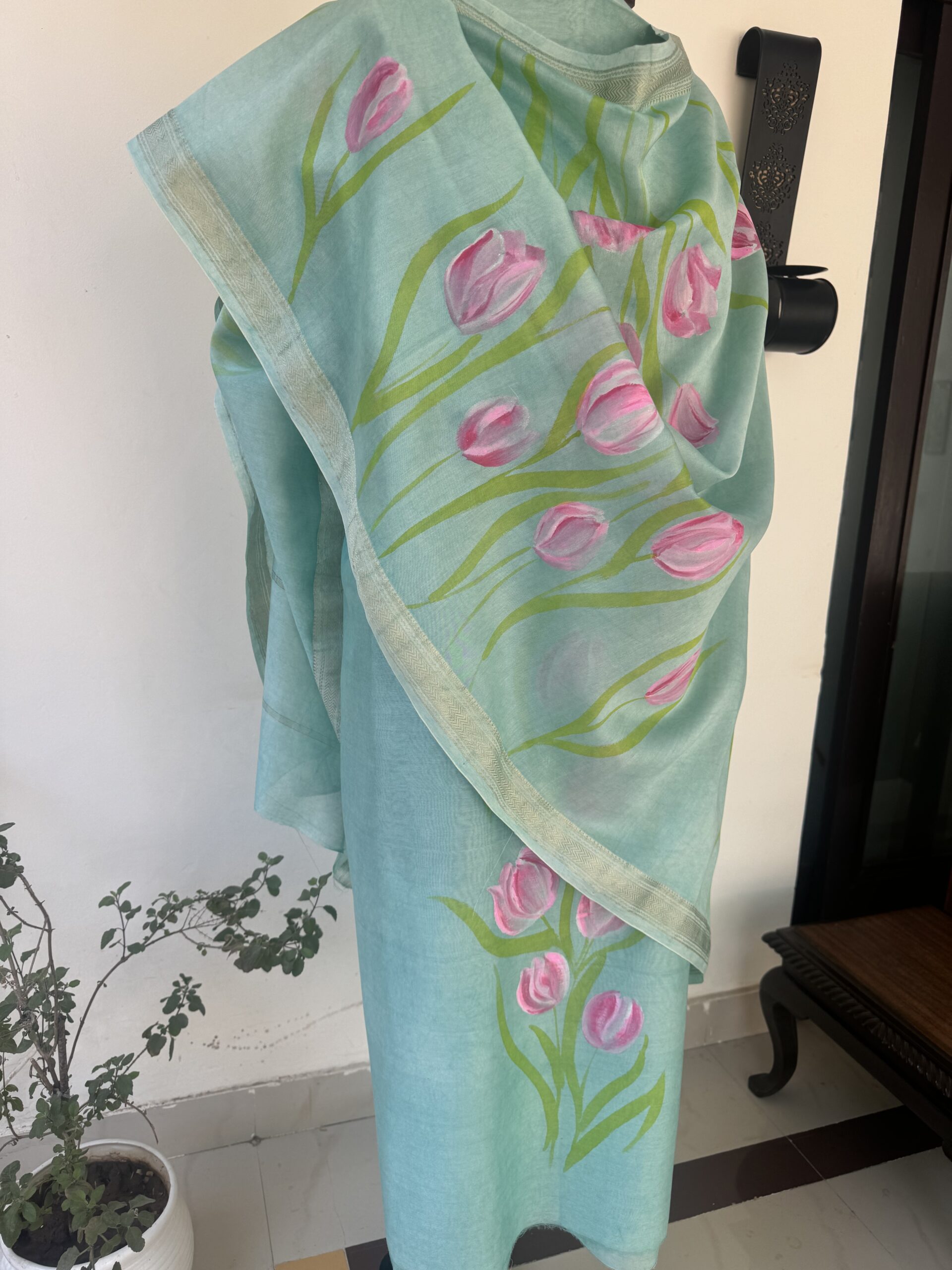 Blue Pure Maheshwari Silk Suit with Hand painted Florals