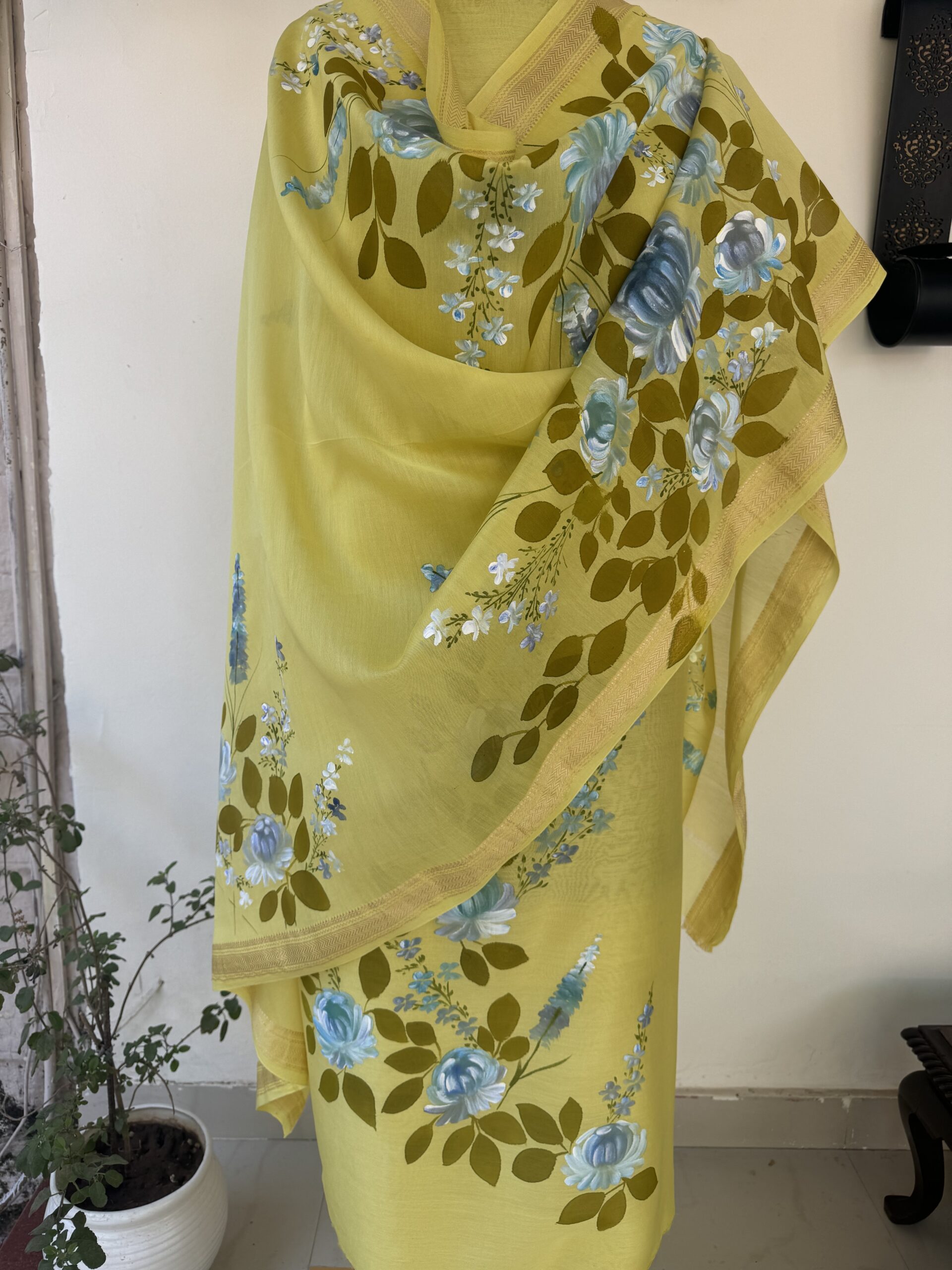 Yellow Pure Maheshwari Silk Suit with Hand painted Florals