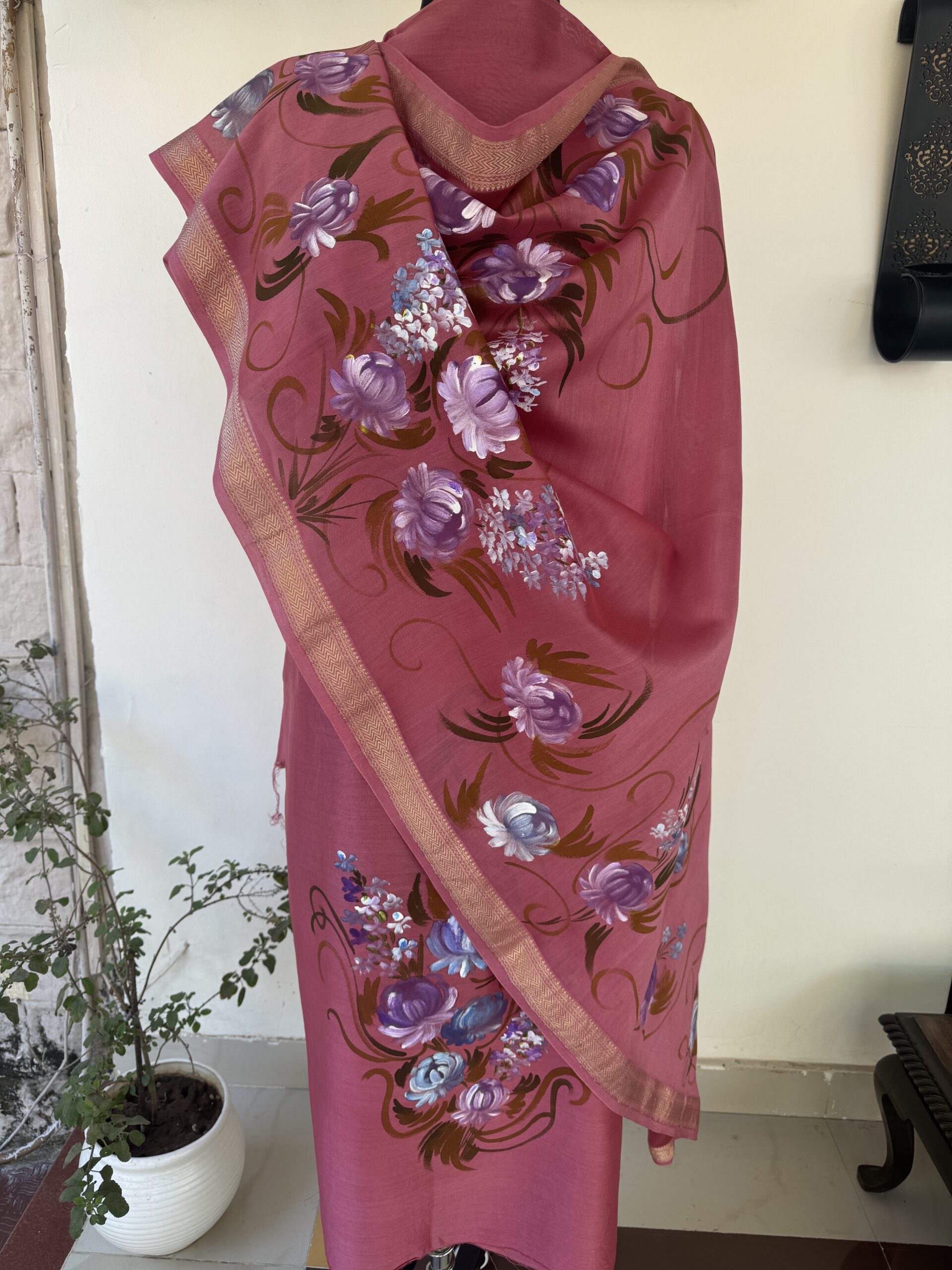 Pink Pure Maheshwari Silk Suit with Hand painted Florals