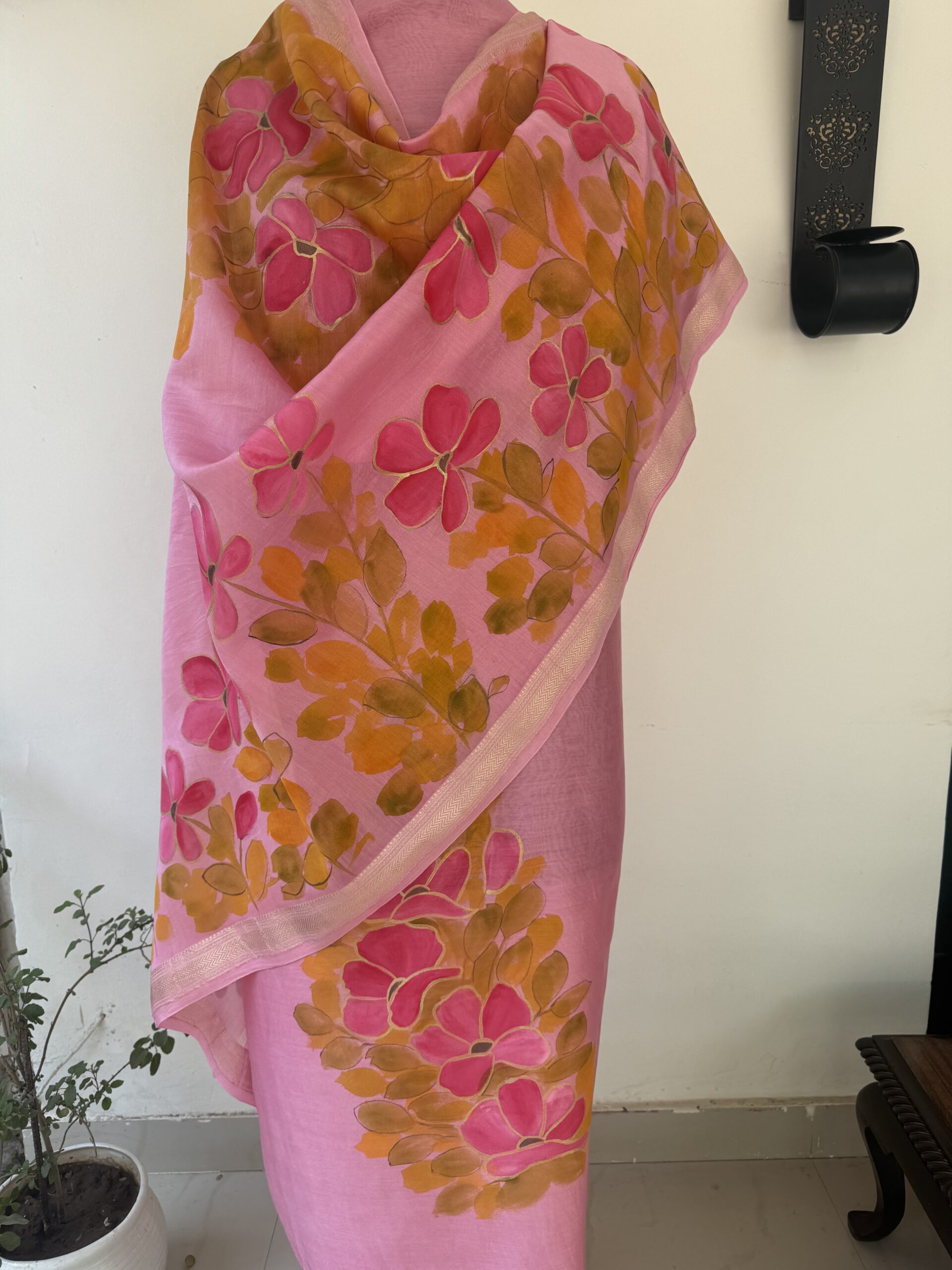 Pink Pure Maheshwari Silk Suit with Hand painted Florals