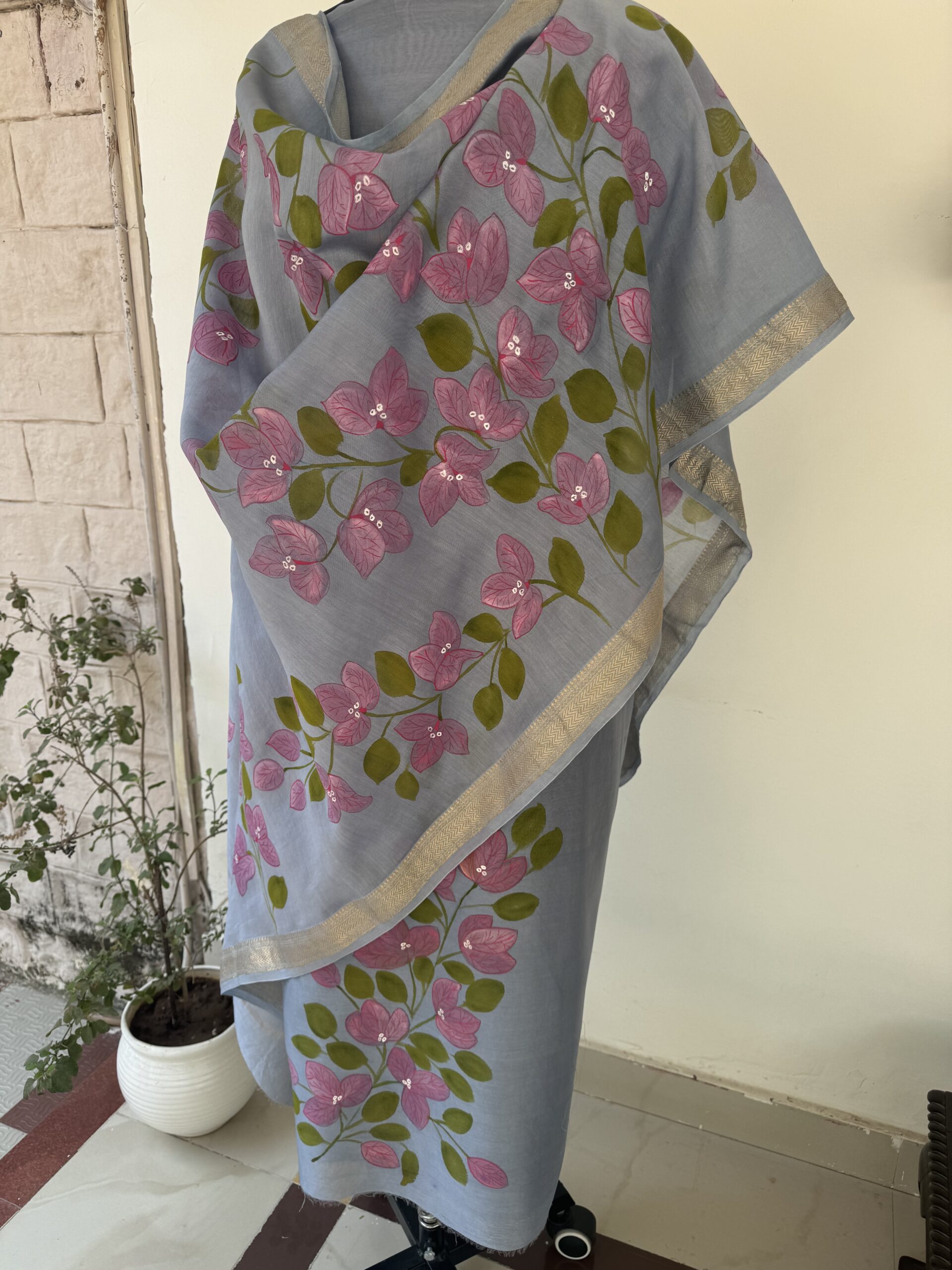 Grey Pure Maheshwari Silk Suit with Hand painted Bougainvilleas