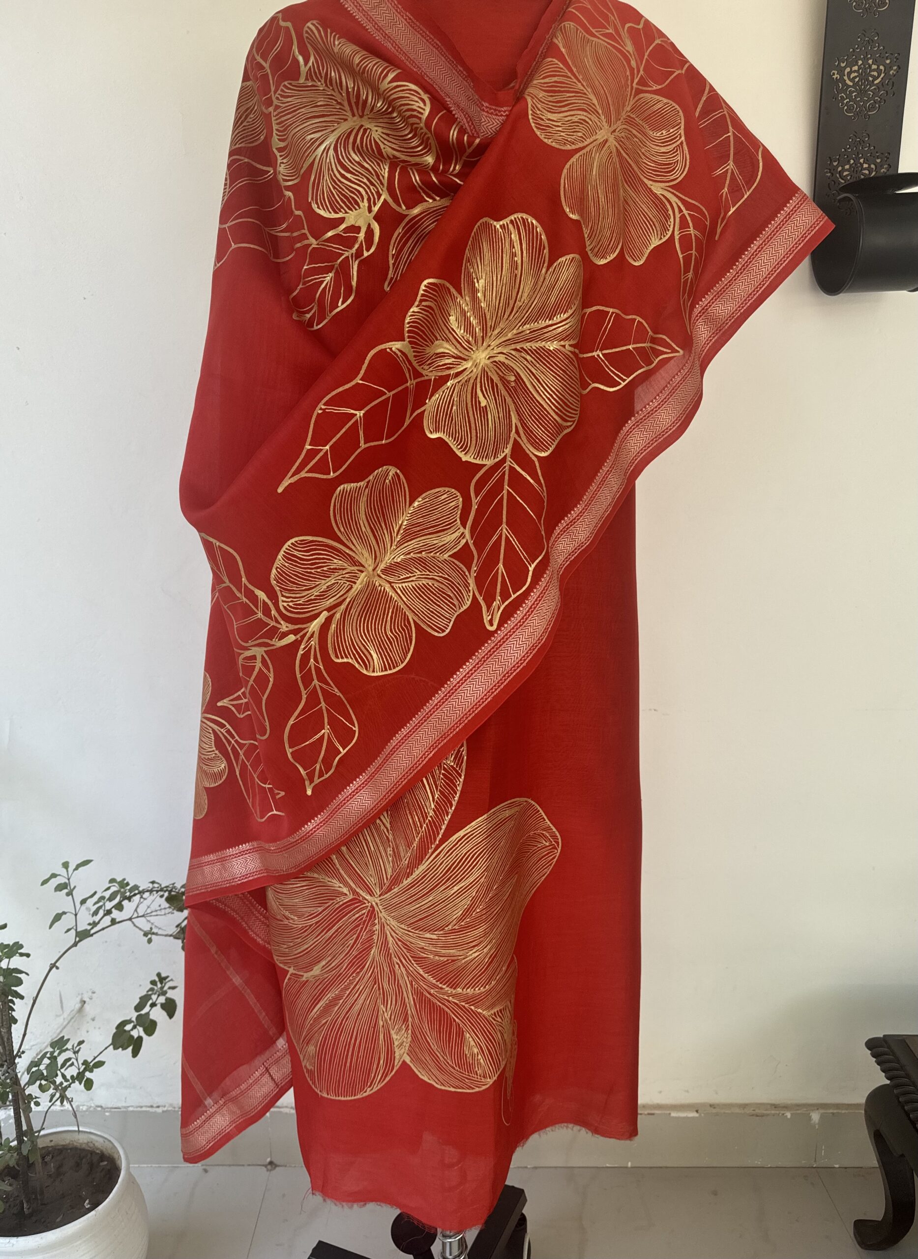 Red Pure Maheshwari Silk Suit with Hand painted Florals