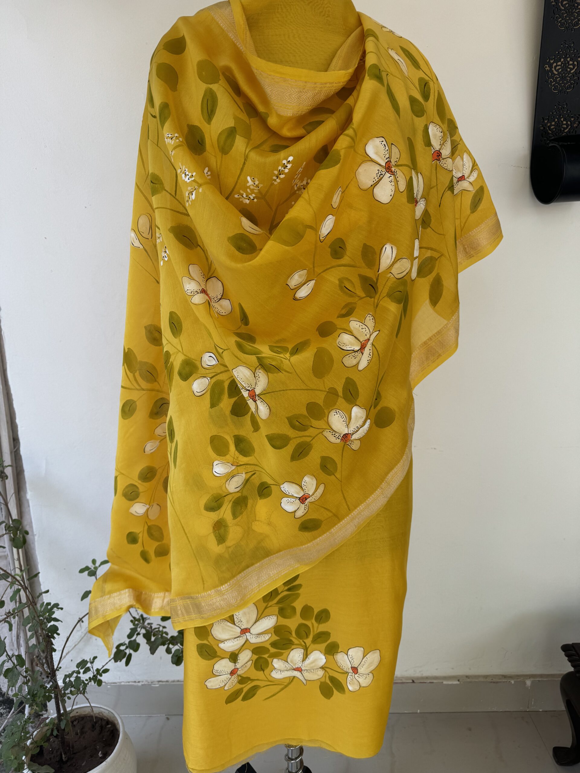 Golden Yellow Pure Maheshwari Silk Suit with Hand painted Florals