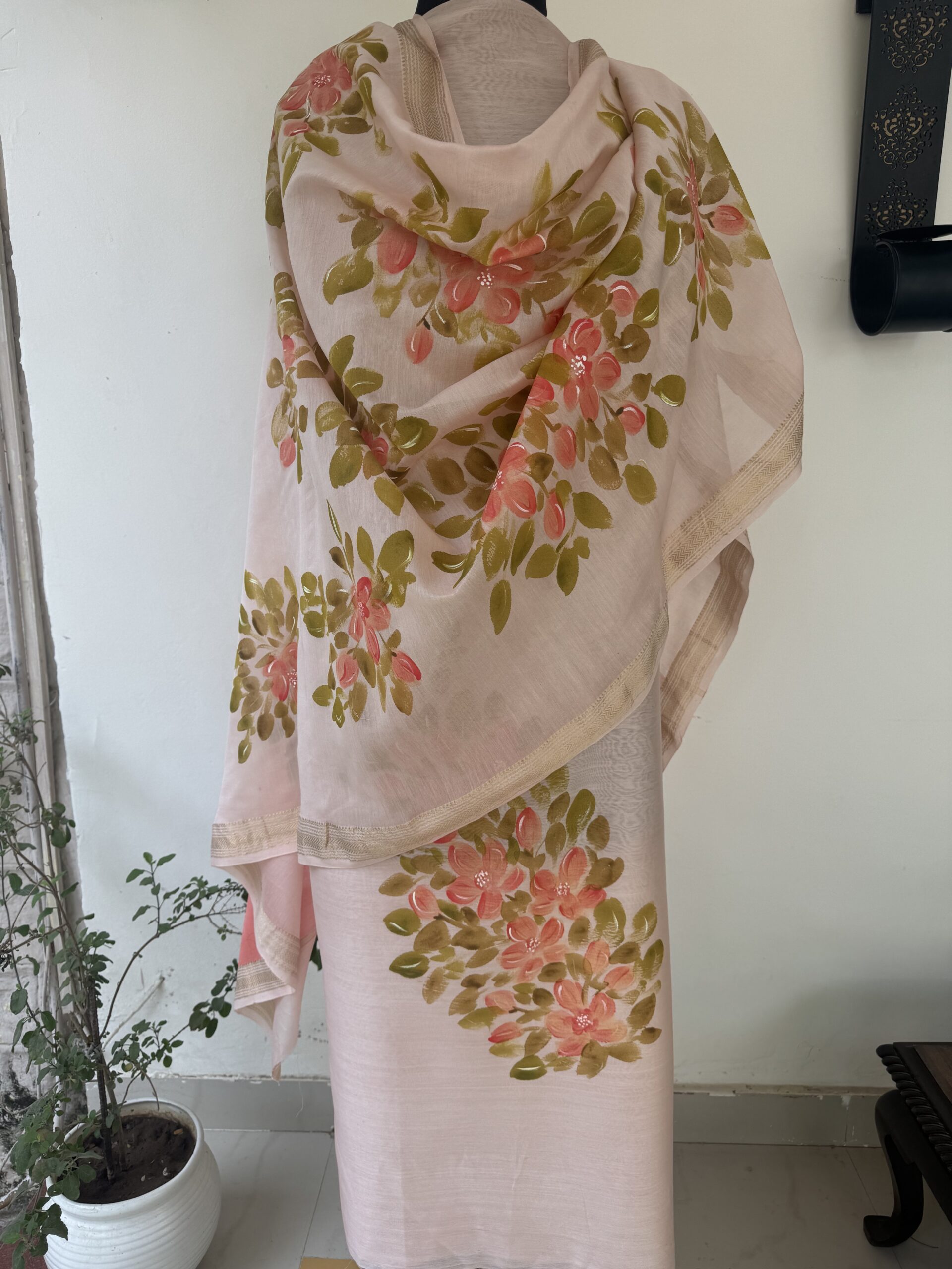 Peach Pure Maheshwari Silk Suit with Hand painted Florals