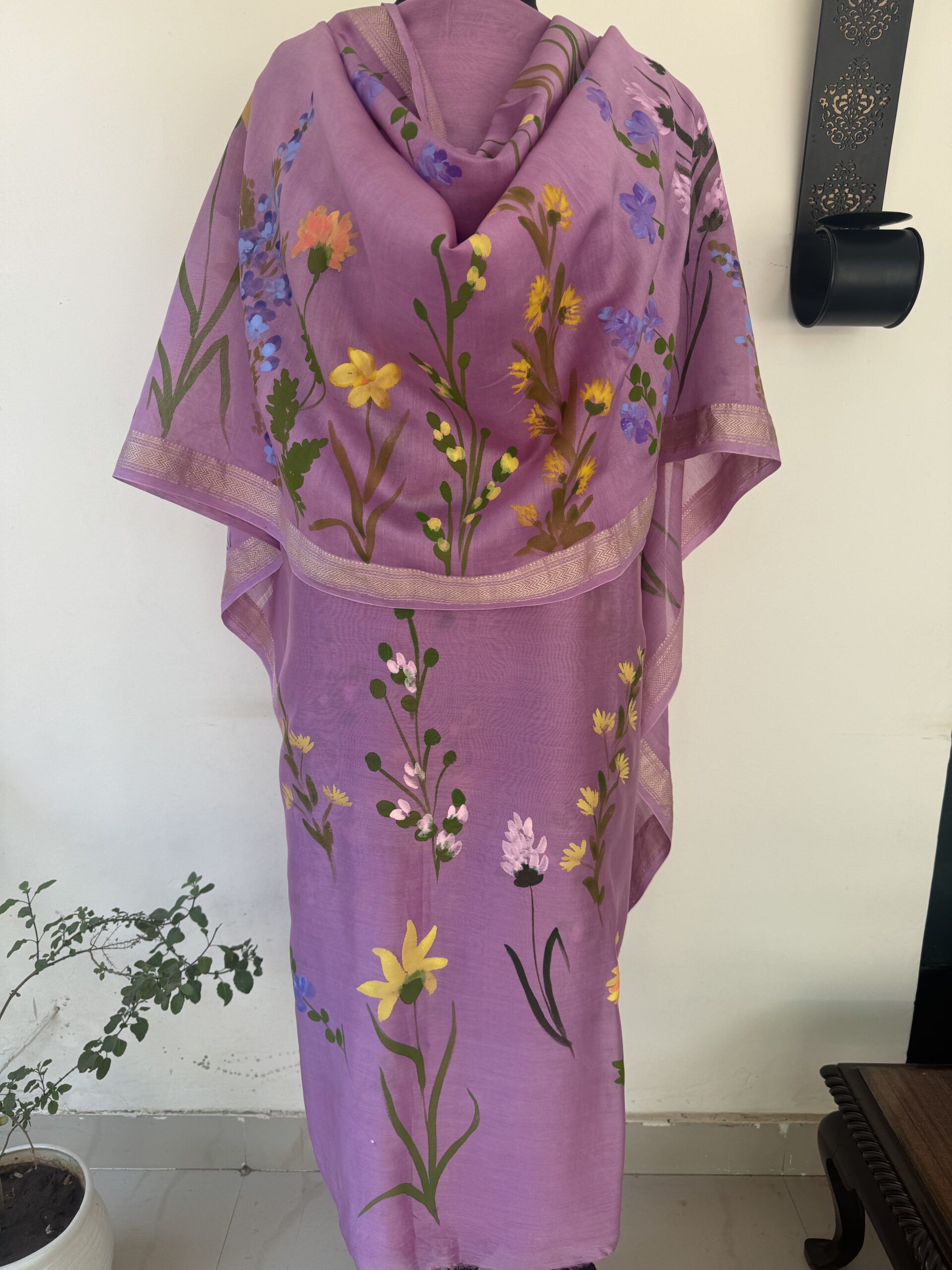 Lavender Pure Maheshwari Silk Suit with Hand painted Florals