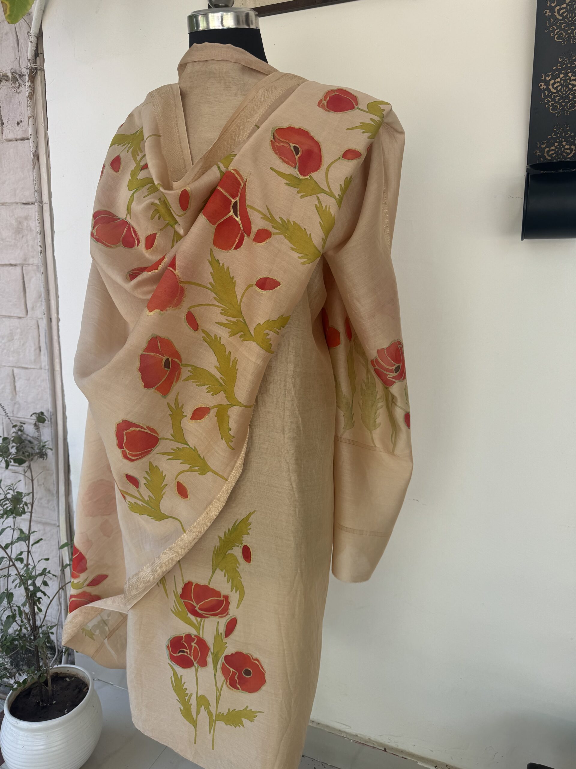Beige-Chikko Pure Maheshwari Silk Suit with Hand painted Poppies